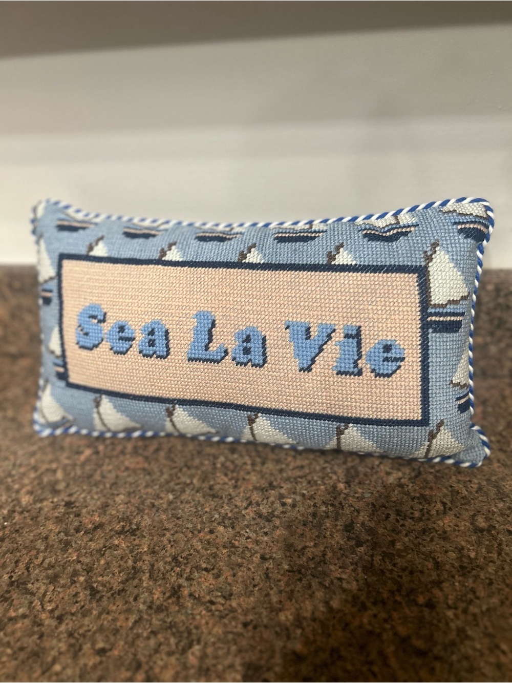 Sea La Vie Needlepoint Pillow - Light Blue & Cream